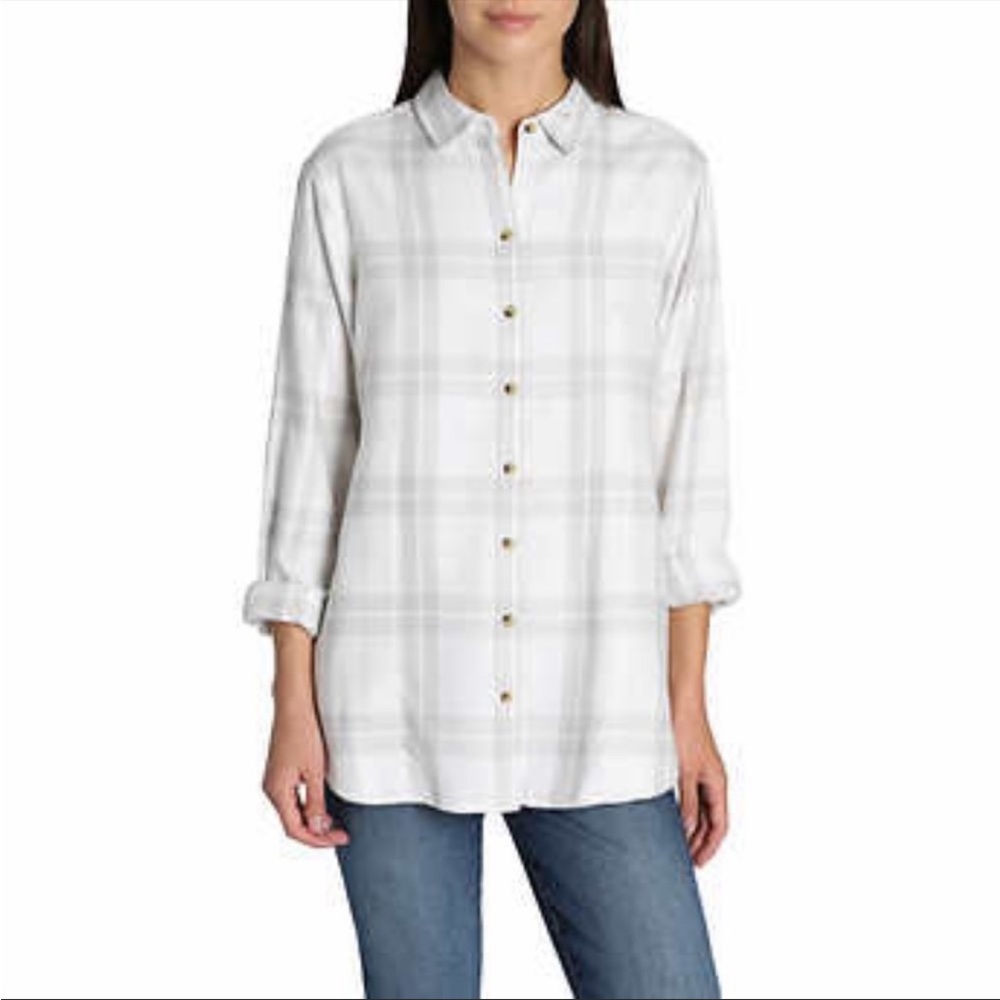 Jach's Girlfriend Ladies' Grey & White Cozy Flannel Shirt with Pocket XL